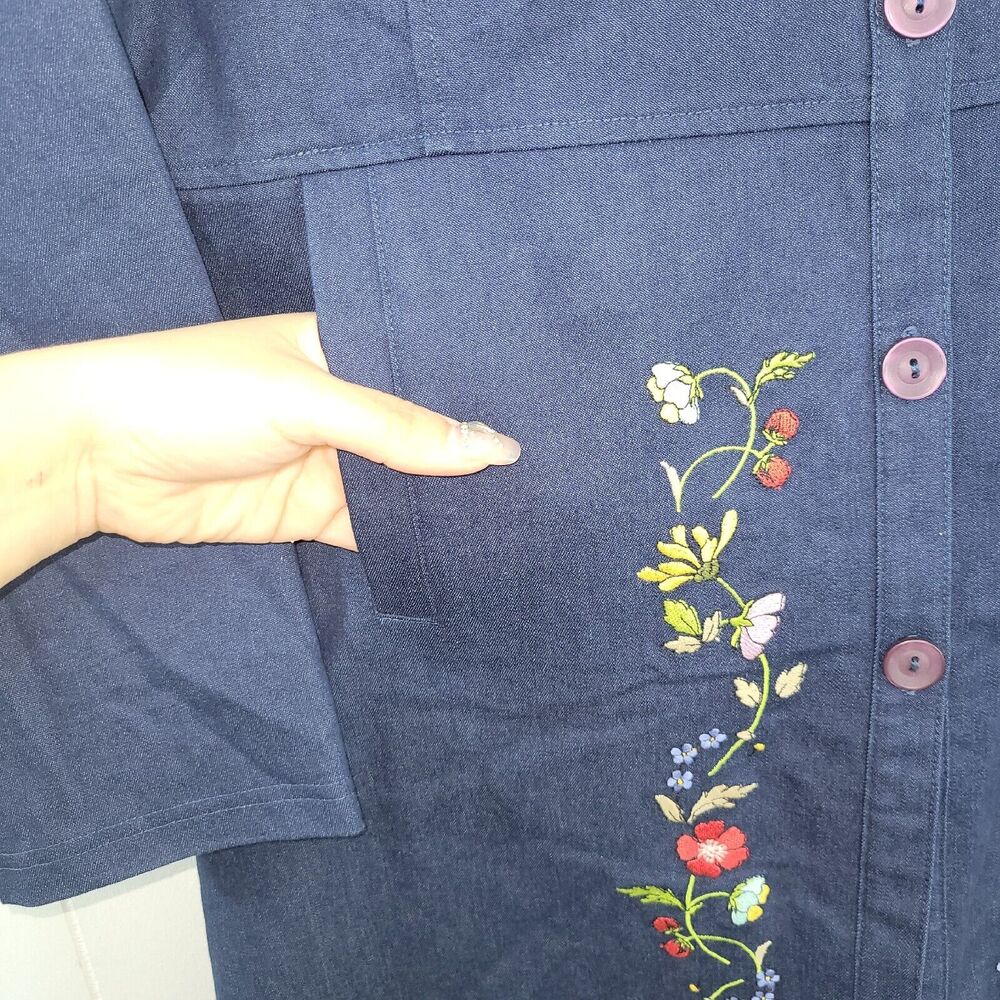 Vintage Mia Nola Womens M Dark Blue Floral Embroidered Shirt Dress With Pockets - Picture 5 of 13